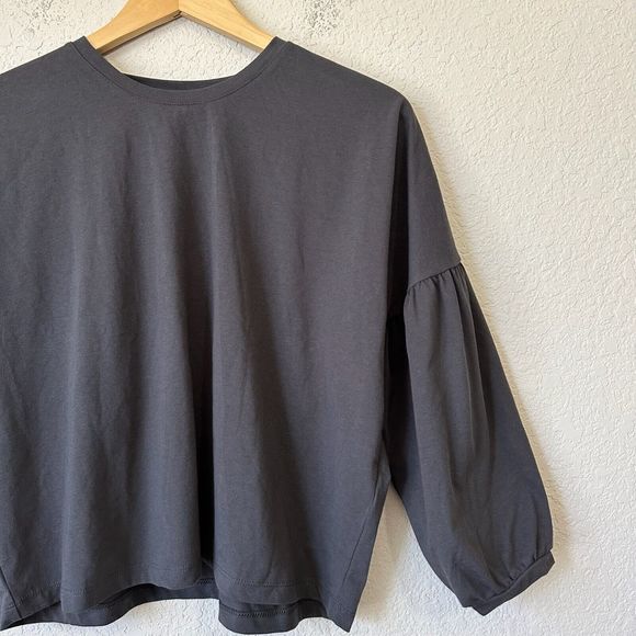 NWT MADEWELL 3/4-Sleeve Crepe Drop-Shoulder Bubble-Sleeve Tee Grey - Picture 3 of 9